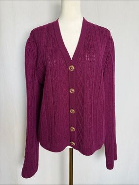 Vintage St John Collection Berry Cable Knit Button Front Cardigan Size 10 V Neck